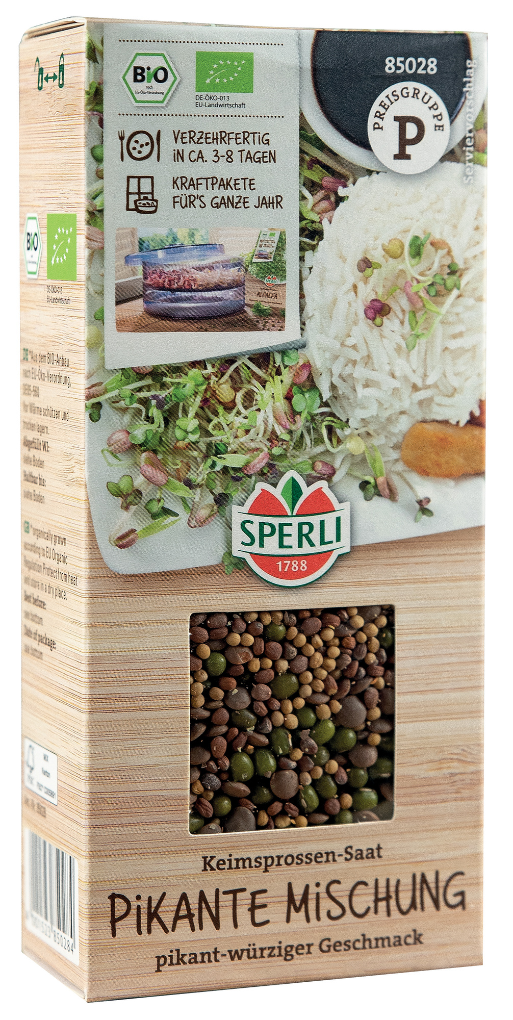Pikante Mischung Keimsprossen-Saat mit bunten Samen in einer transparenten Verpackung
