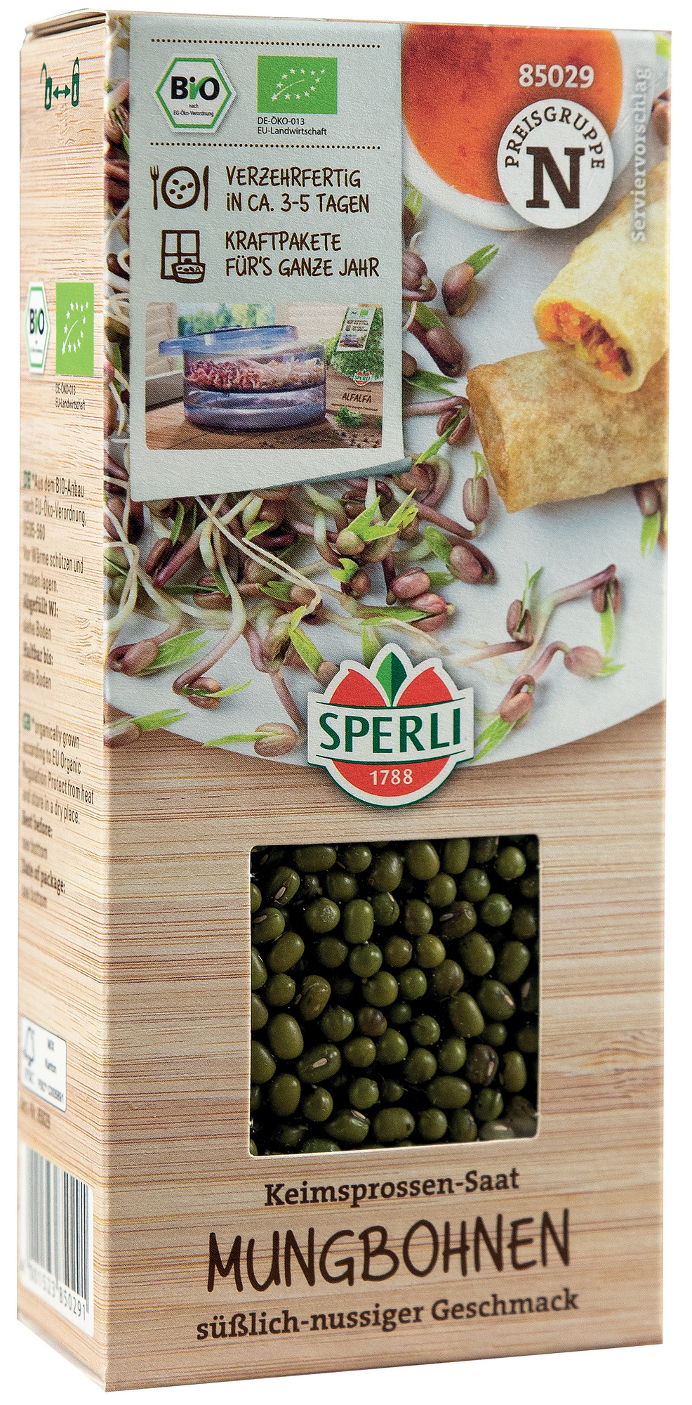 Mungbohnen Keimsprossen, süßlich-nussiger Geschmack, auf dem Holzdesign-Verpackung, mit geöffnetem Sichtfenster.