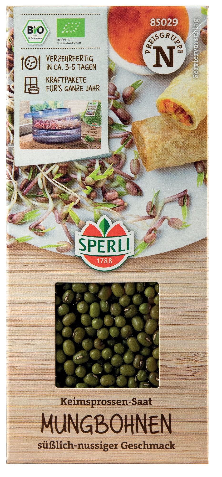 Keimsprossen Saat Mungbohnen, süßlich-nussiger Geschmack, Verpackung mit Mungbohnen.