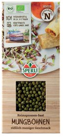 Keimsprossen Saat Mungbohnen, süßlich-nussiger Geschmack, Verpackung mit Mungbohnen.