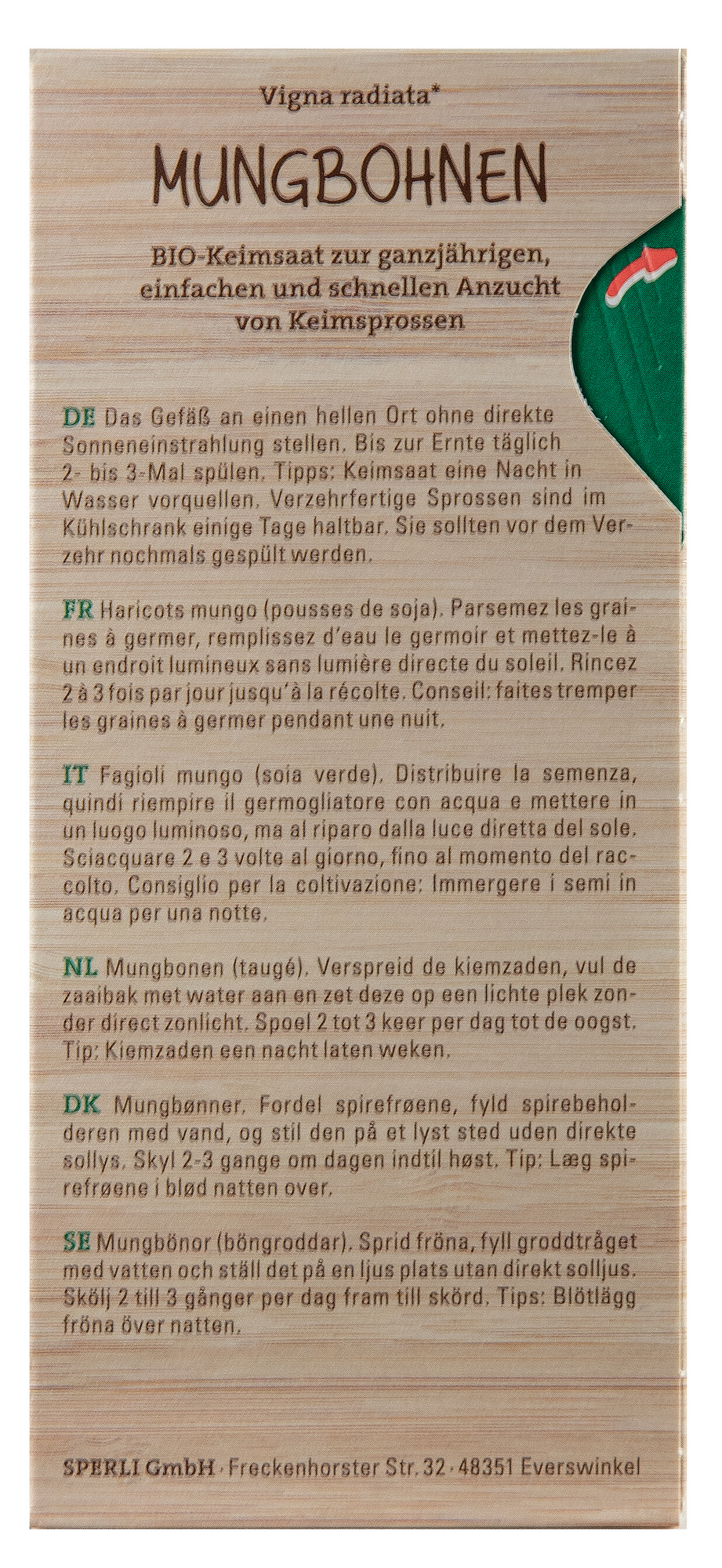 Samentütchen für Mungbohnen mit Anbauanleitung in mehreren Sprachen auf braunem Hintergrund.