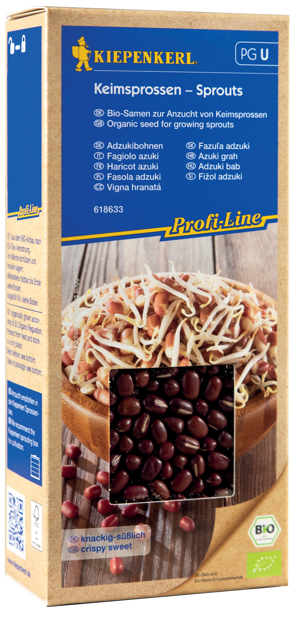 Bucht mit Bio-Samen für Keimsprossen, Bildschirm mit Keimsprossen und schwarzen Samen.