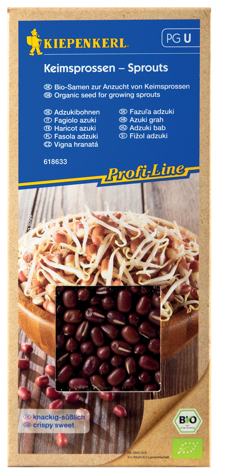 Paket mit Bio-Samen für keimende Keimsprossen, rote Bohnen und Sprossen auf Holz Hintergrund.