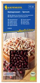 Paket mit Bio-Samen für keimende Keimsprossen, rote Bohnen und Sprossen auf Holz Hintergrund.