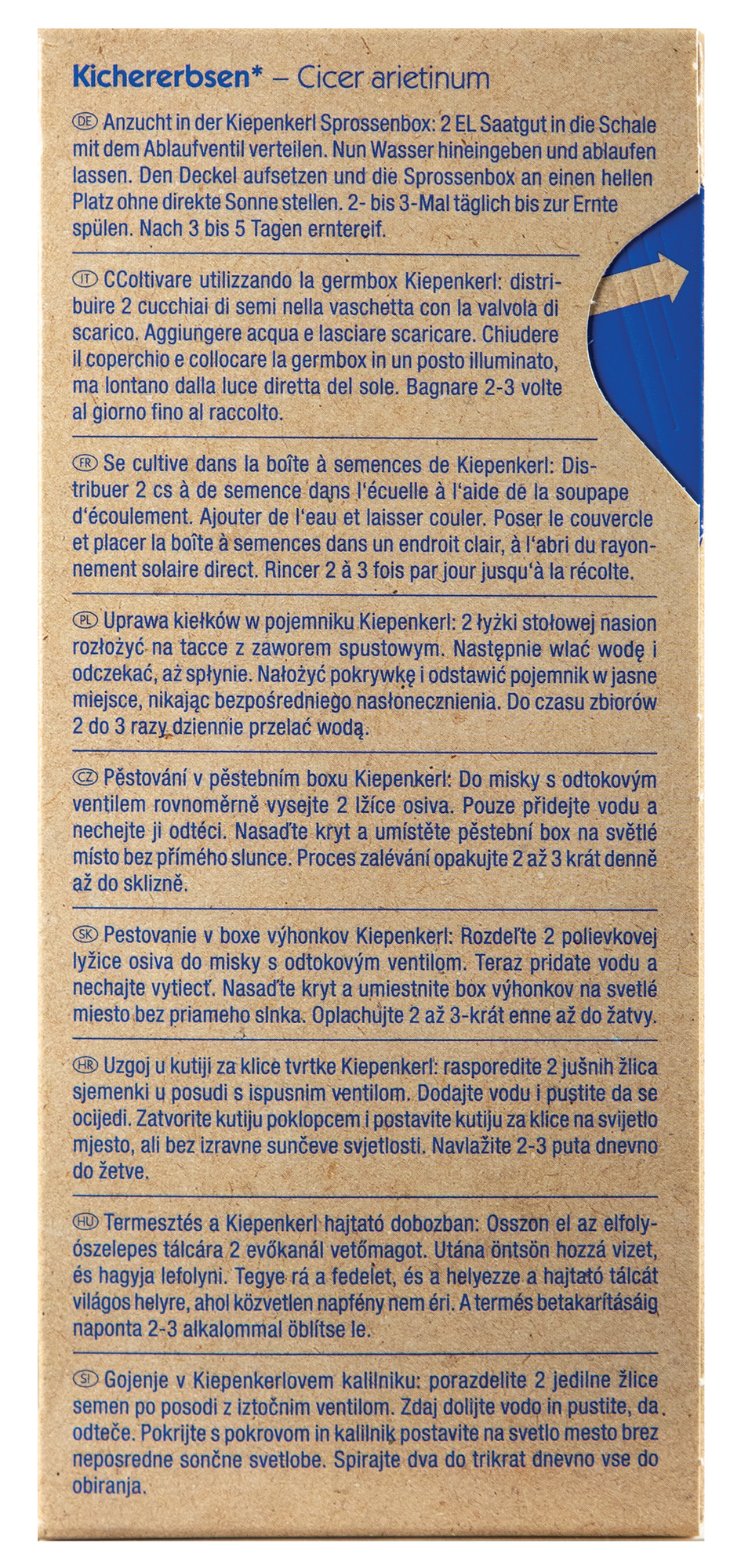 Anzucht von Kichererbsen in einer braunen Papierschachtel mit blauer Klappe, Text in mehreren Sprachen.