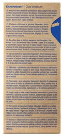 Anzucht von Kichererbsen in einer braunen Papierschachtel mit blauer Klappe, Text in mehreren Sprachen.