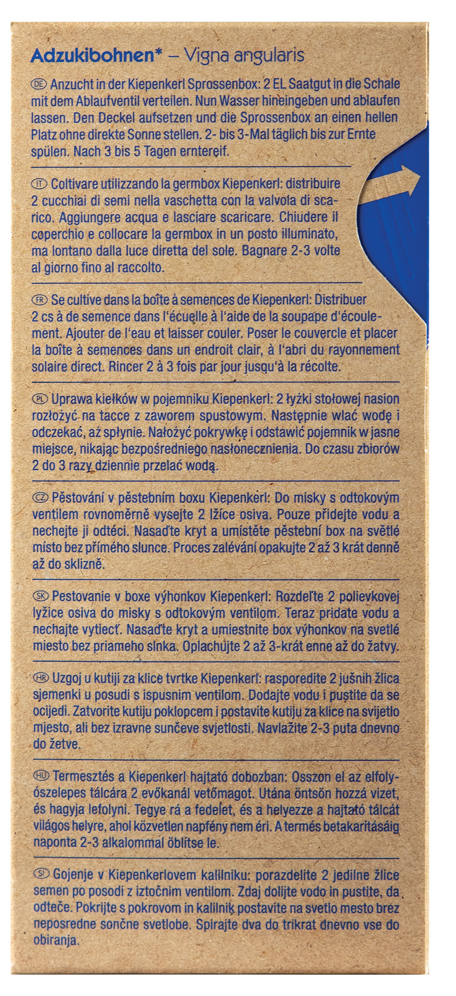 Samentüte für Adzukibohnen mit Anbauanleitung in mehreren Sprachen auf braunem Papier.
