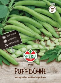 Grüne Puffbohnen mit Schoten, Bohnen und Blättern, Label, Pflanzensorten.