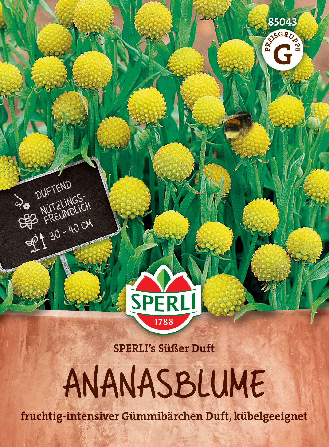 Gelbe Ananasblumen mit grünem Laub und Biene auf Blume, Etikett mit Pflanzinfos, Marken-Logo und Produktname.