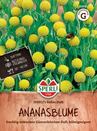 Gelbe Ananasblumen mit grünem Laub und Biene auf Blume, Etikett mit Pflanzinfos, Marken-Logo und Produktname.