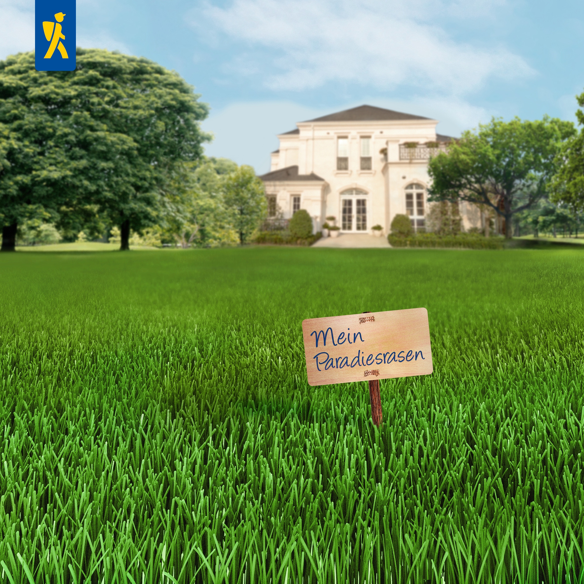 Grüner Rasen, Holzkärtchen mit der Aufschrift Mein Paradiesrasen, weißes Haus im Hintergrund, Bäume und blauer Himmel.