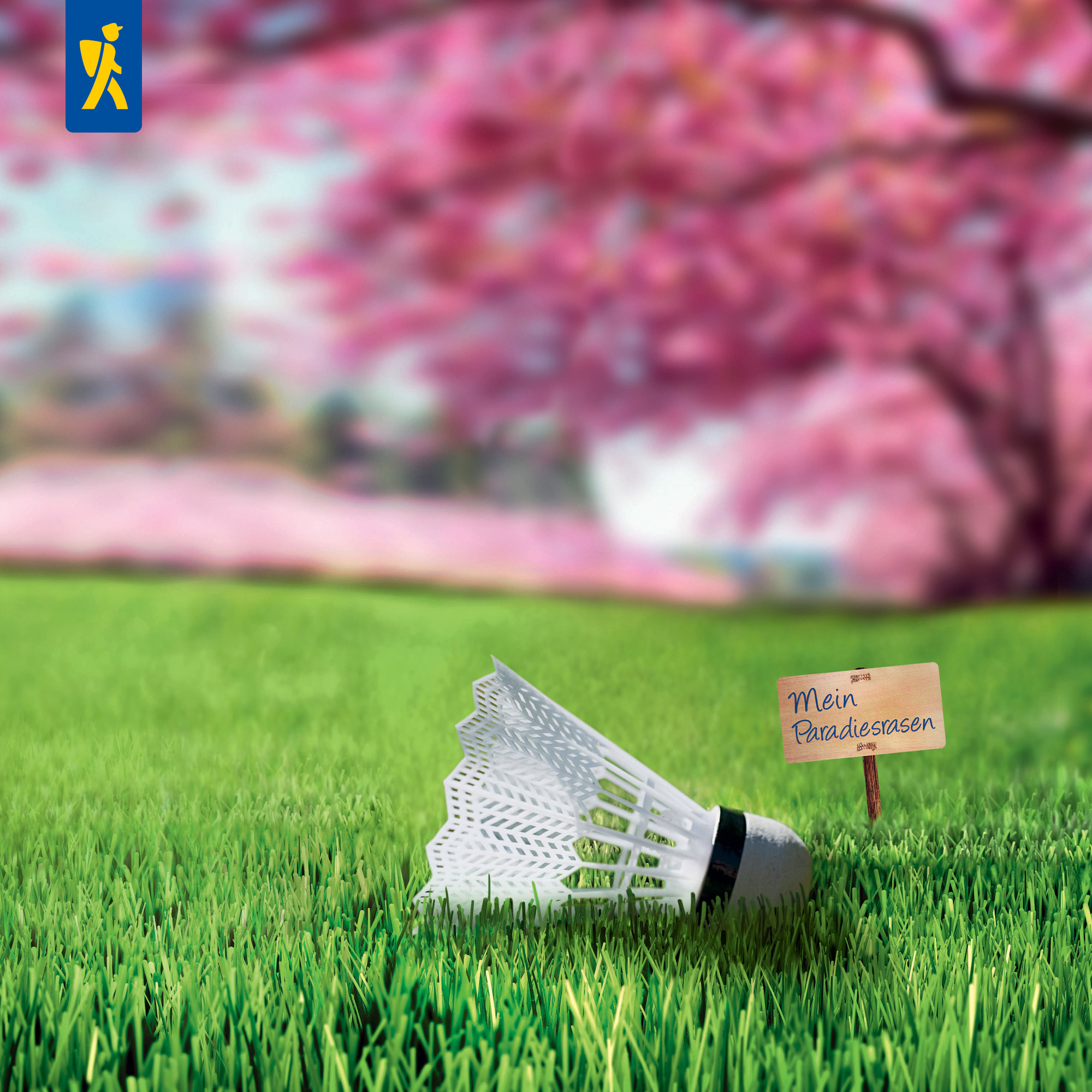 Badmintonschläger liegt auf grünem Rasen neben Schild mit Aufschrift Mein Paradiesrasen, im Hintergrund blühende Bäume.
