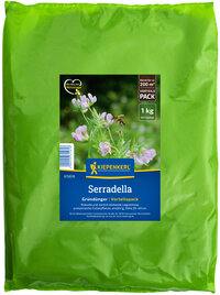 Kiepenkerl Serradella Saatgut Packung, grüne Verpackung, Blüten und eine Biene auf der Packung.