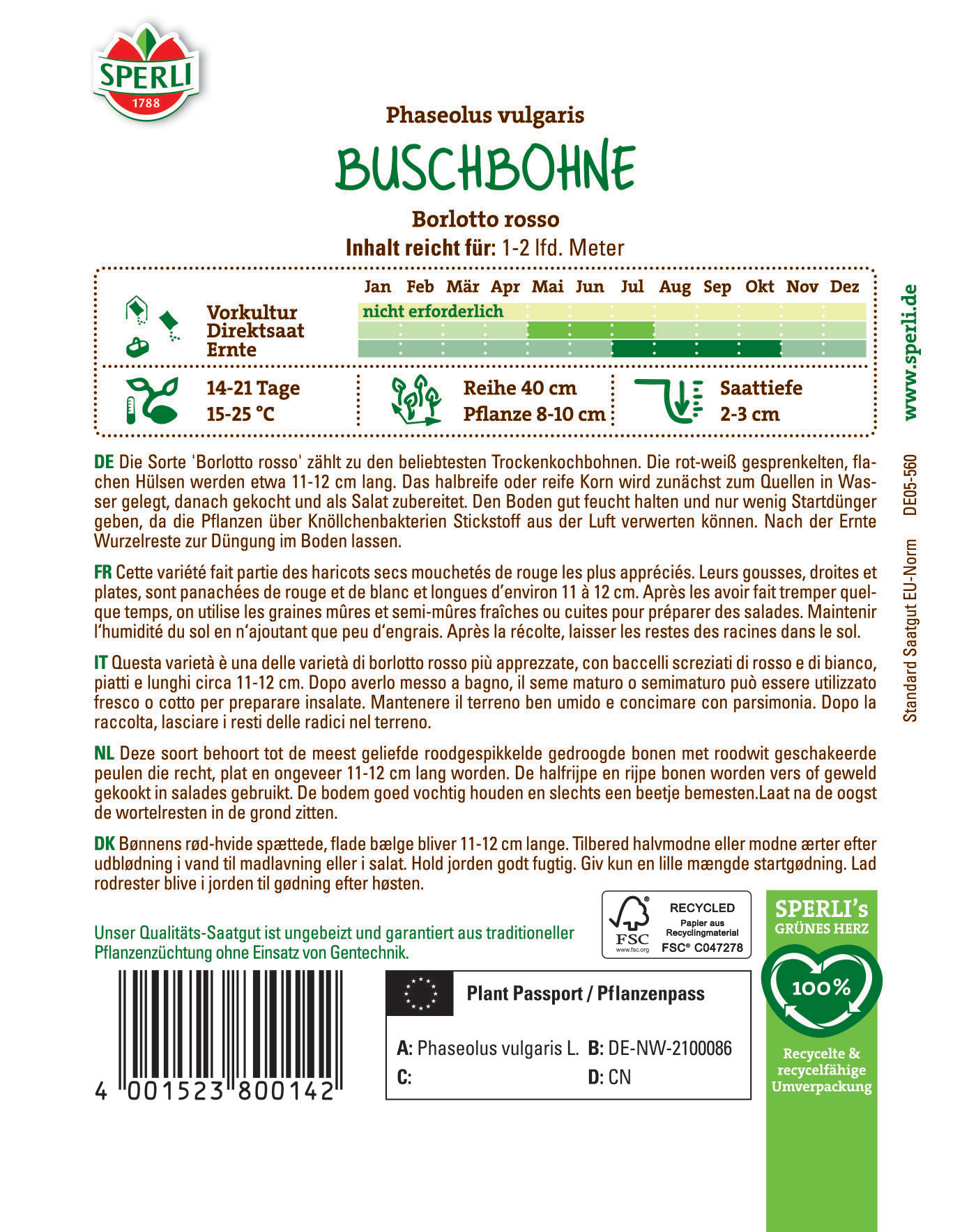 Buschbohne, rote, späte, flache Bälge, 11-12 cm lang