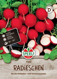 Radieschen, rote Knollen, mit grünen Blättern, halbiert, auf schwarzem Hintergrund.