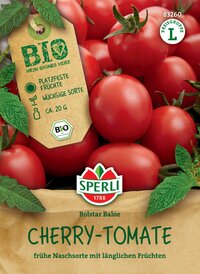 Rote Cherry-Tomaten auf dem Bild mit grünen Blättern und Bio-Label.