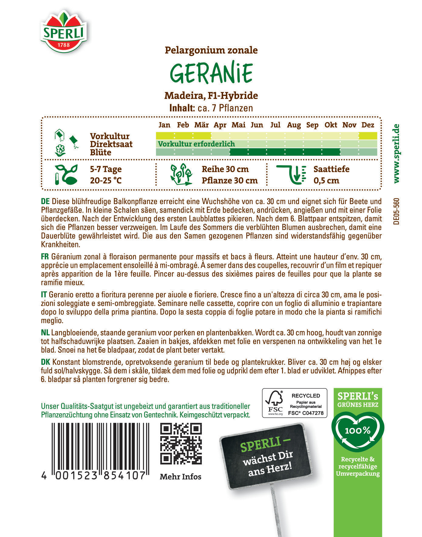 Balkonpflanze Geranie mit ca. 30 cm Wuchshöhe, starke, gefüllte Blüten, wächst im Halbschatten, frostempfindlich.