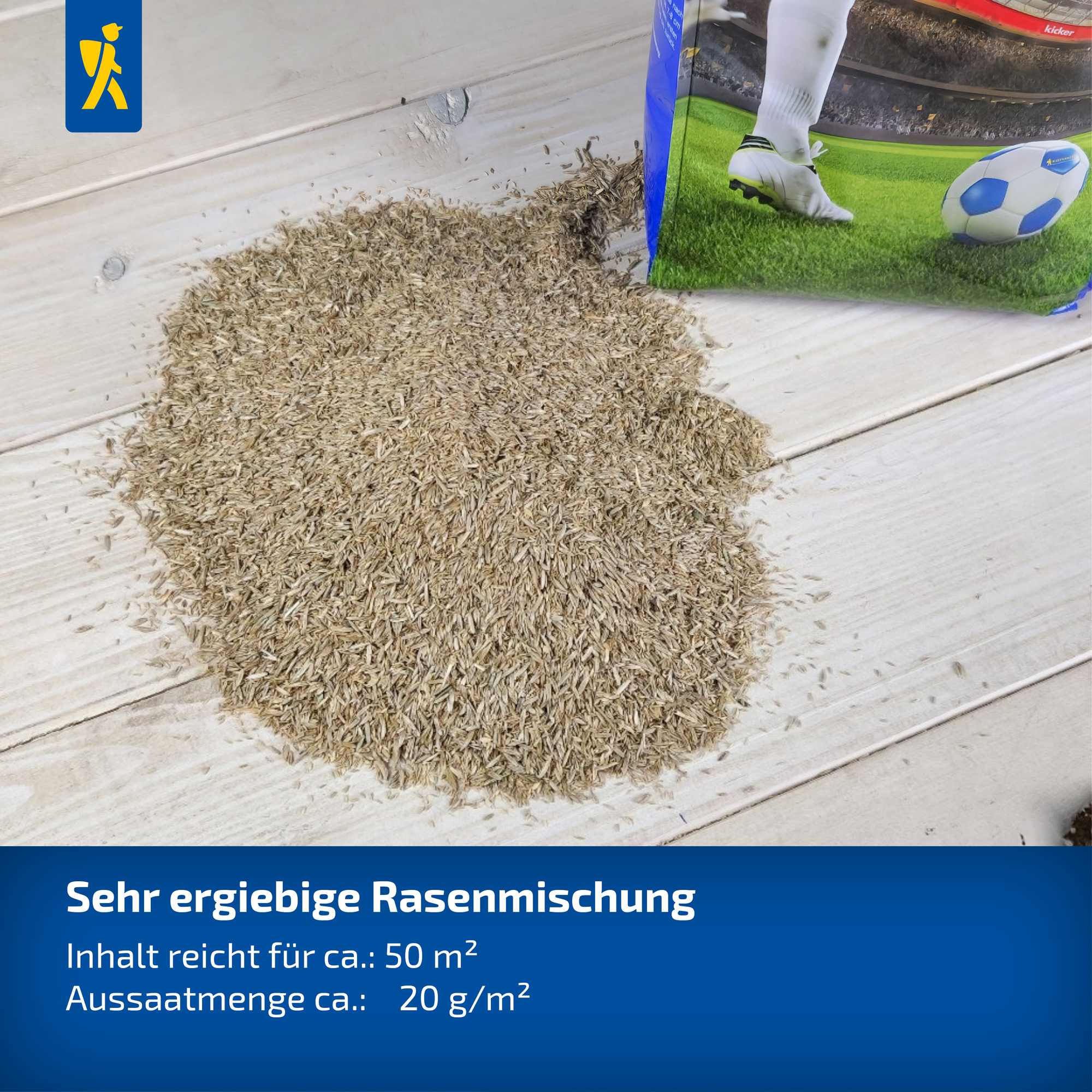Haufen Rasensaatgut auf Holzboden neben Rasensamentüte, Text auf blauem Hintergrund.