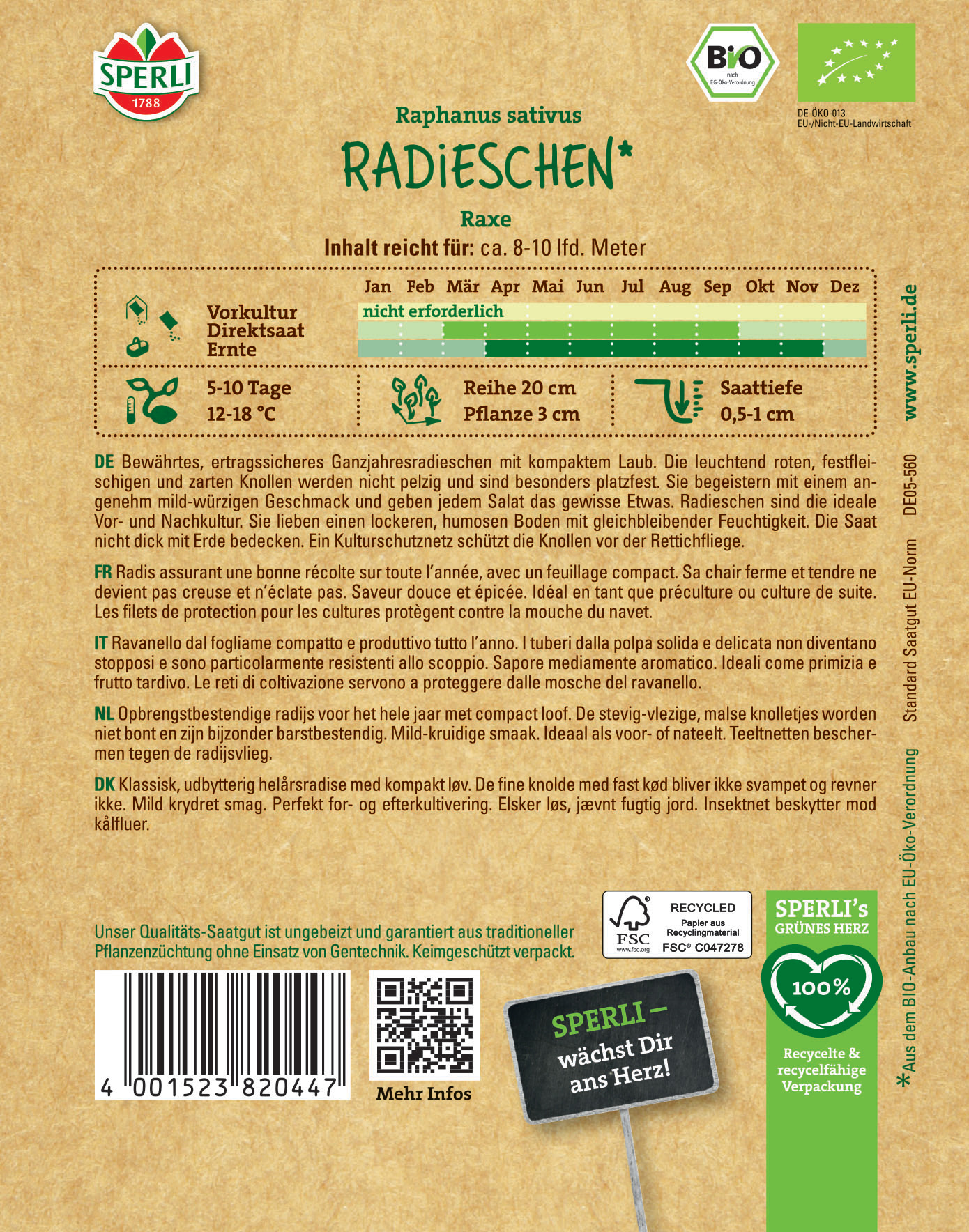 Radieschen Samenpackung mit Inhaltsangabe und Anbaunformationen.