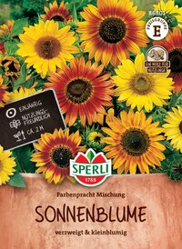 Bunter Sonnenblumen-Mischung im Beet, mehrere offene Blüten, grüne Blätter, Etikett mit Infos.