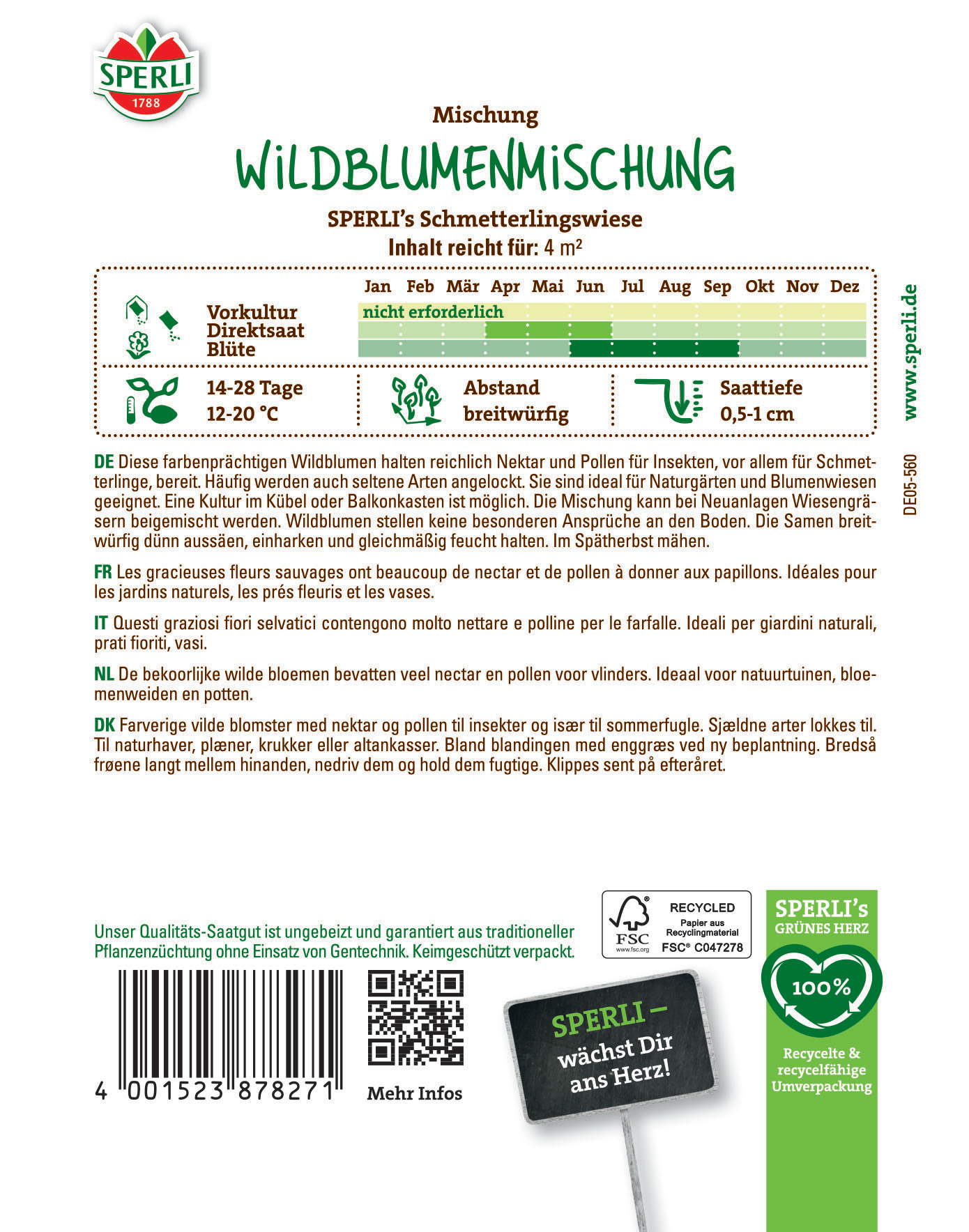 Bunte Wildblumenmischung mit Nectar und Pollen, für Naturgärten und Blumenwiesen, auf Verpackung abgebildet.