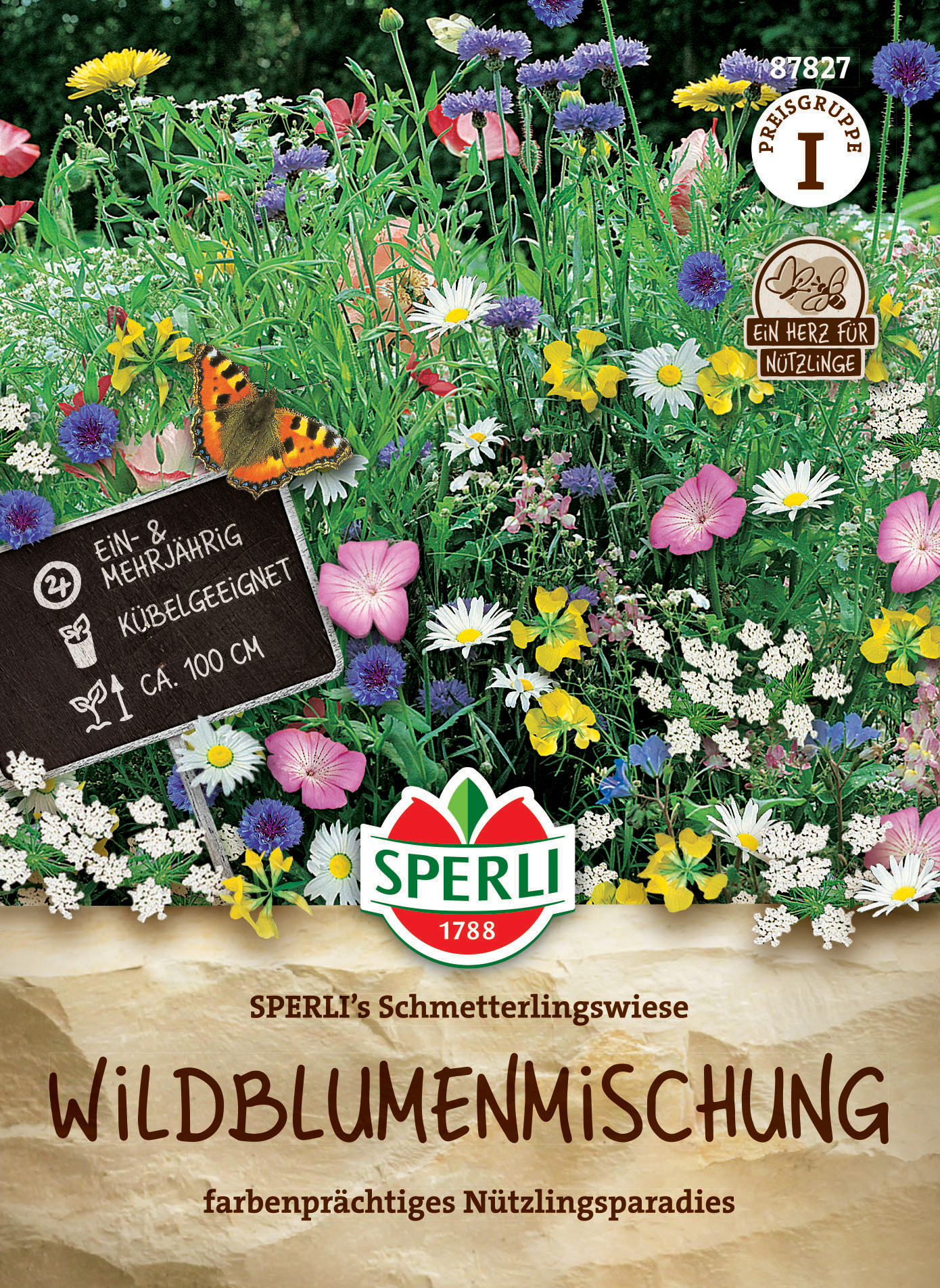 Bunte Wildblumenmischung mit verschiedenen Blumenarten, inklusiv Schmetterlinge, ca. 100 cm hoch, für bienen- und insektenfreundliche Gärten.