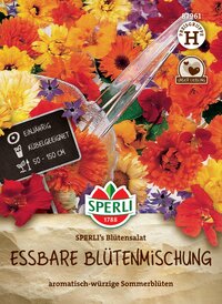 Bunte Sommerblüten in einer Schnupfverpackung mit Sprerli-Logo, Text und Symbolen.