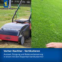 Aufteilung eines Rasens mit einer Vertikutierermaschine auf der linken und unberührtem, grünem Rasen auf der rechten Seite.