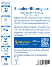 Pflanzensamen für Stauden-Rittersorn Magic Fountains Mischung, blauer, pinker und weißer Blüten, empfohlen März bis Juni.