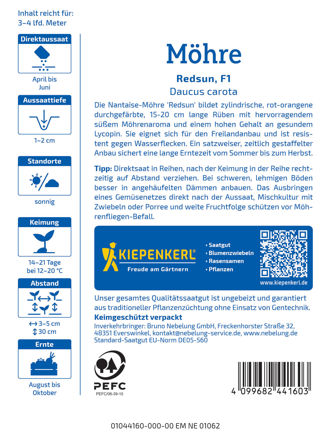 Informationstext auf Verpackung mit Anweisungen, Sorte, Standort, Keimdauer, Erntezeit, Logo, QR-Code, Barcode und Kontakt.