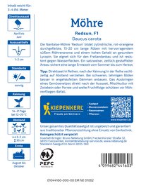 Informationstext auf Verpackung mit Anweisungen, Sorte, Standort, Keimdauer, Erntezeit, Logo, QR-Code, Barcode und Kontakt.
