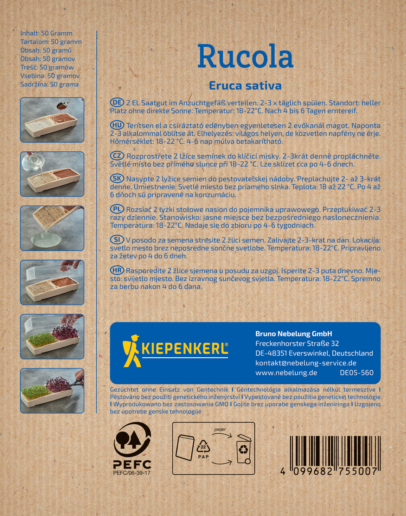 Anleitung und Bilder zur Aussaat von Rucola in einem Aufzuchtbehälter.