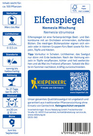 Infotafel mit Pflanzenschutzmittel, Hinweise zu Kultur, Lichtkeimer, Standort, Keimung, Abstand und Blütezeit.