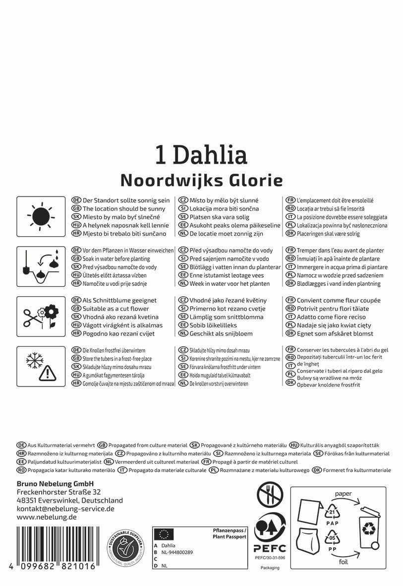 Infotafel mit Pflanzanleitung, Symbole für sonnigen Standort, Wasserbedarf und pflanzenfreundliches Verhalten auf mehreren Sprachen.