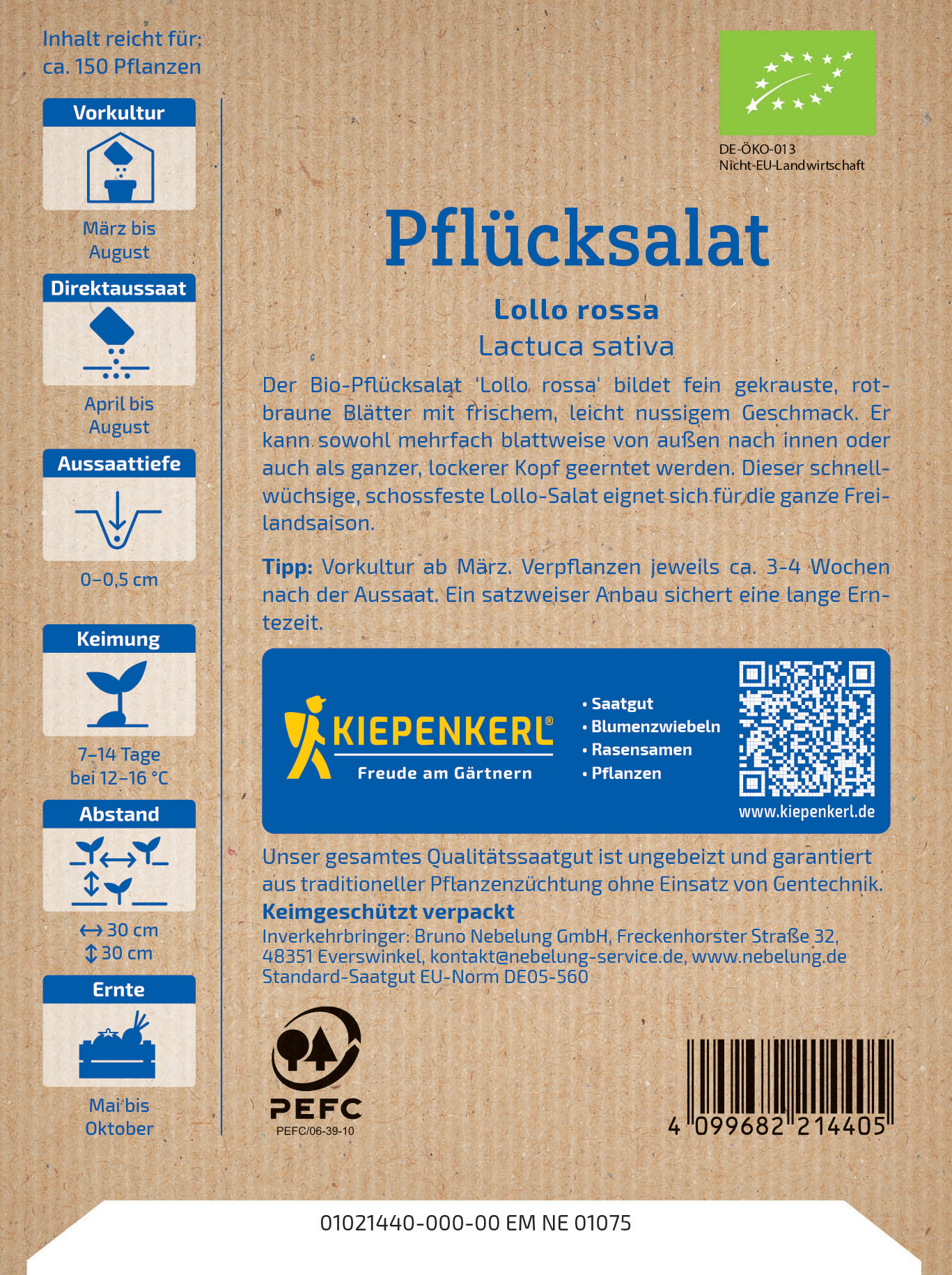 Bio-Pflücksalat Lollo rossa mit roten und grünen Blättern, Verpackung mit Logo, QR-Code und Produktinformationen.
