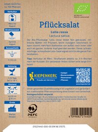 Bio-Pflücksalat Lollo rossa mit roten und grünen Blättern, Verpackung mit Logo, QR-Code und Produktinformationen.