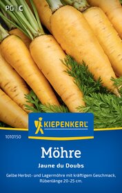 Gelbe Möhren mit grüner Spitze, Rübenlänge 20 bis 25 cm, auf Verpackung abgebildet.